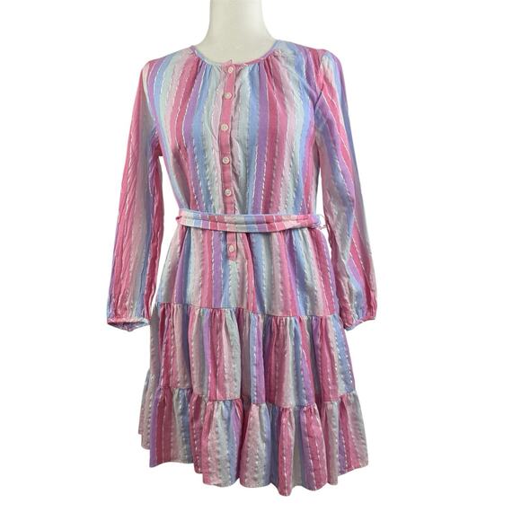 J Crew Veda Pastel Stripe Metallic Thread 100% Cotton Belted Dress Small Pockets - Picture 12 of 13